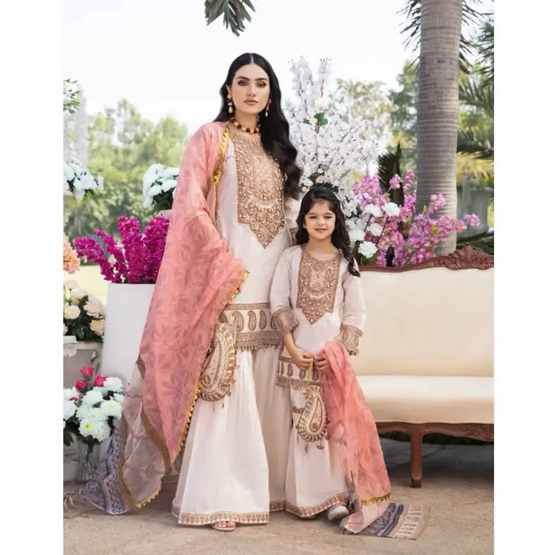 MOTHER/DAUGHTER Embroidered lawn kameez with gharara, organza printed dupatta and pouch bag - Womenswear