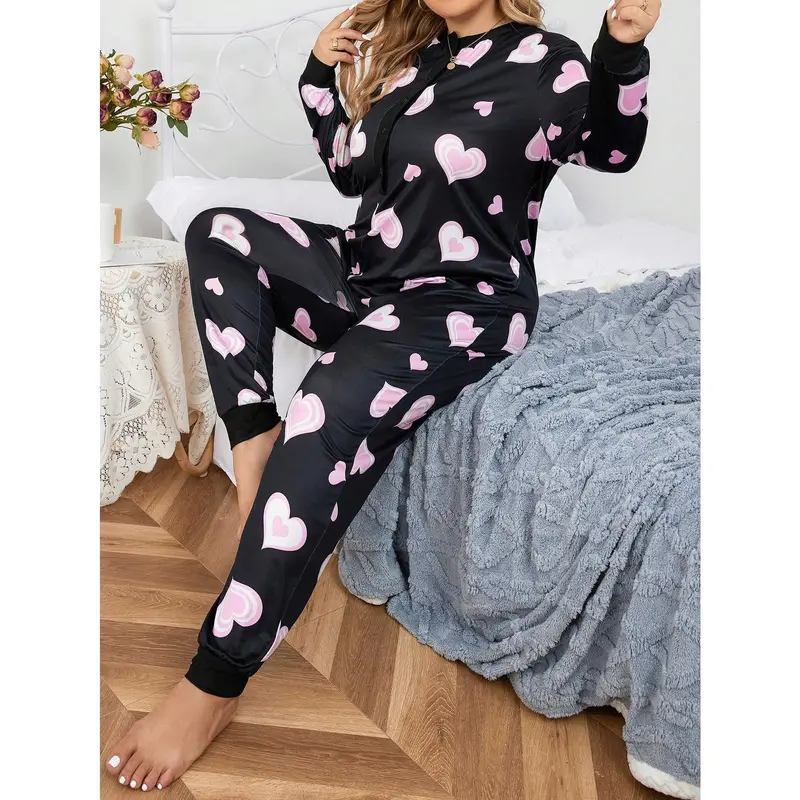 Plus Heart Print Sleep Jumpsuit, Pajama Jumpsuit Fit Long Sleeve 0