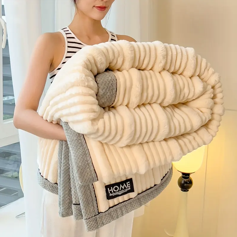 Contemporary Striped Luxury Thickened Faux Rabbit Fur Shawl Blanket - Soft, Warm & Comfortable Bed Throw for Sofa, Bed, Office & Travel - All-Season Multipurpose Polyester Woven Blanket Gift, Machine Washable, Ideal for Christmas