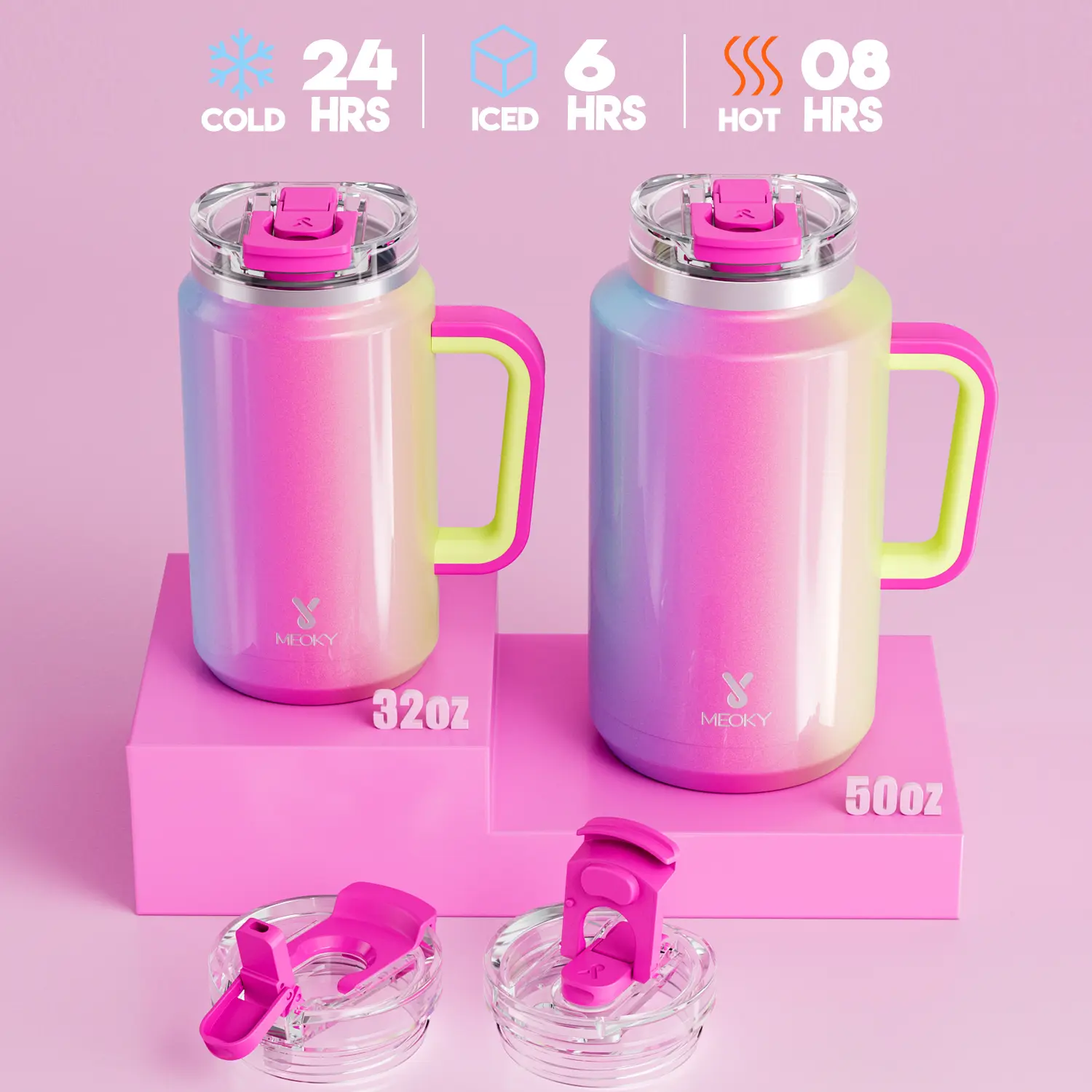 [MEOKY]  Meoky 32/50oz Stainless Steel Cup Handle, Vacuum Insulated Cup, Stainless Steel Vacuum Straw, With Lid And Straw, 24-Hour Cold Insulation, Bpa Free, Silicone Handle,  Essential For Traveling, Christmas Gift
