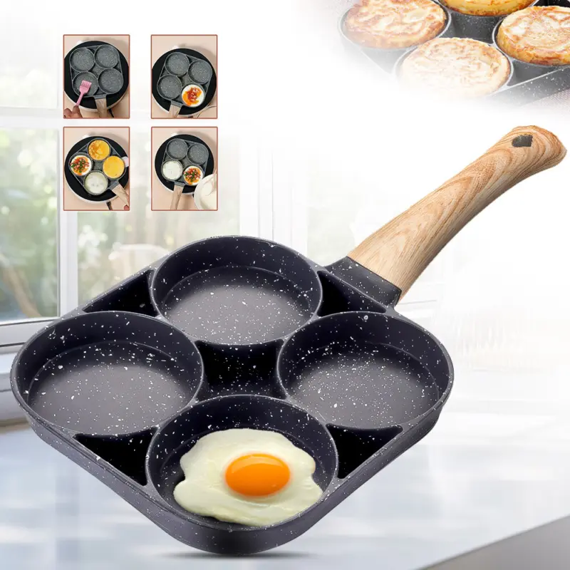 4 hole frying pot pan non-stick egg pancake steak Hamburg omelette pan breakfast Cookware Black