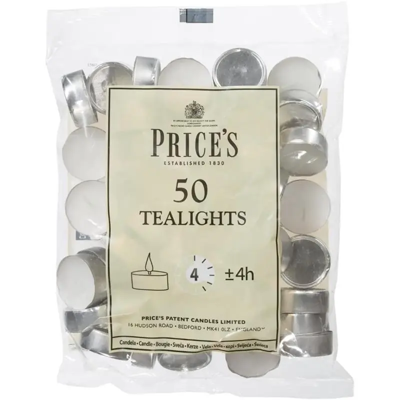 Prices Patent Candles White Tealights Bag, Pack of 50, Wax, l x 3.8cm w x 1.8cm h, Unscented Decor Ornaments