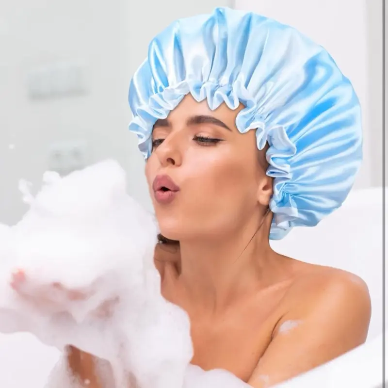 Shower Cap, Double-Layer Waterproof Double Layer Satin Bonnet Hair Hats - Extra Large Round Nightcap Head Wrap