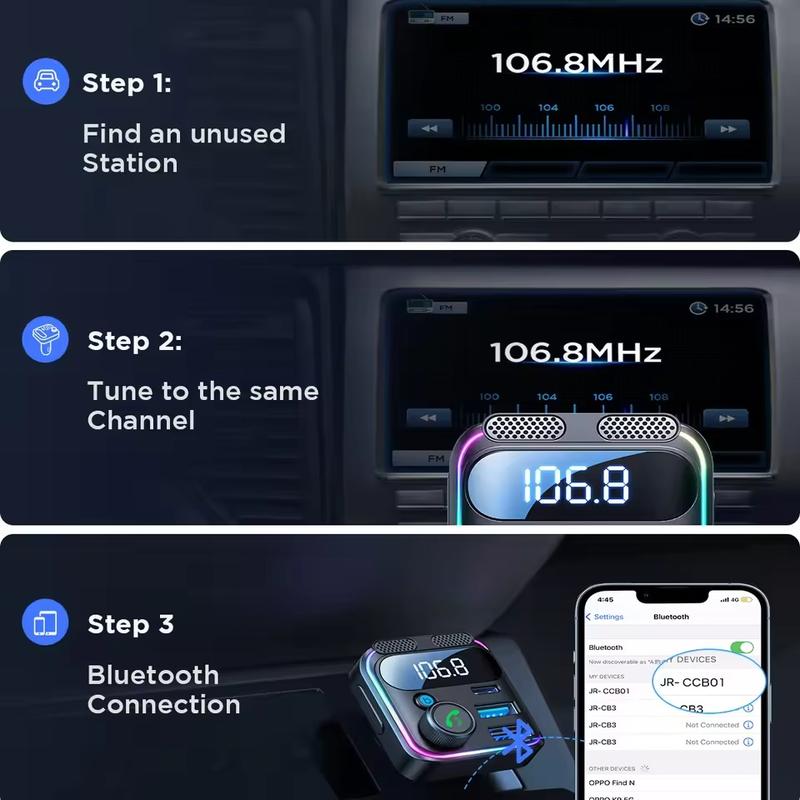 Wireless In-Car Bluetooth FM AUX Adapter [Noise Canceling] [Stronger Microphone LED Digital Display] 5.3 Bluetooth Car Adapter AUX  Transmitter Radio Adapter with PD USB Charger & MP3 Player Hands-Free Calling & Music Streaming 48W Fast Charge 3