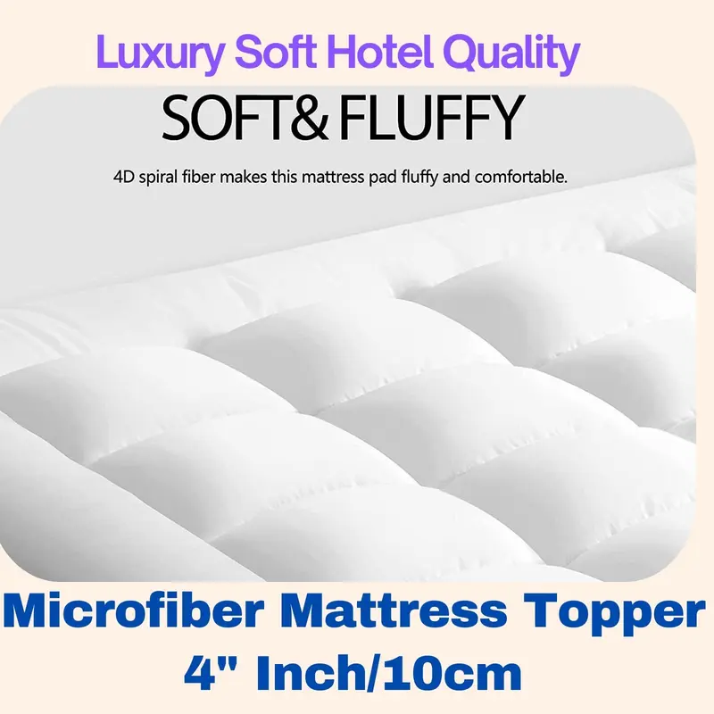 Hotel Quality Microfiber Mattress Topper 4" Inch/10cm Deep Luxury Soft skin-friendly flat weave breathable machine washable 2