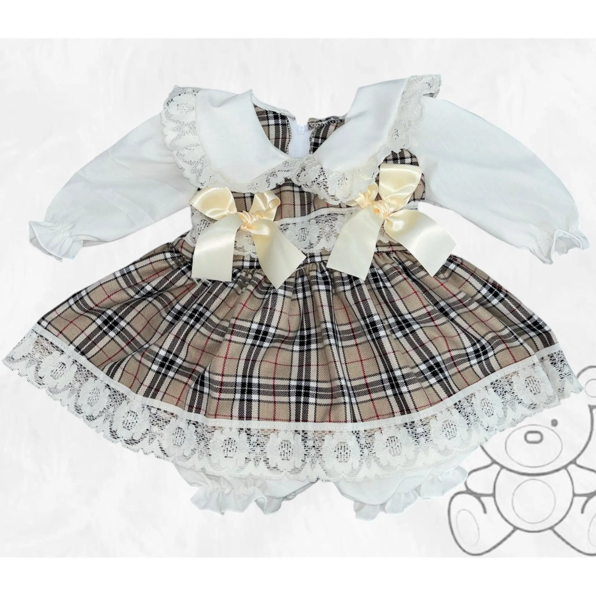 Beige Tartan Double Bow Dress
