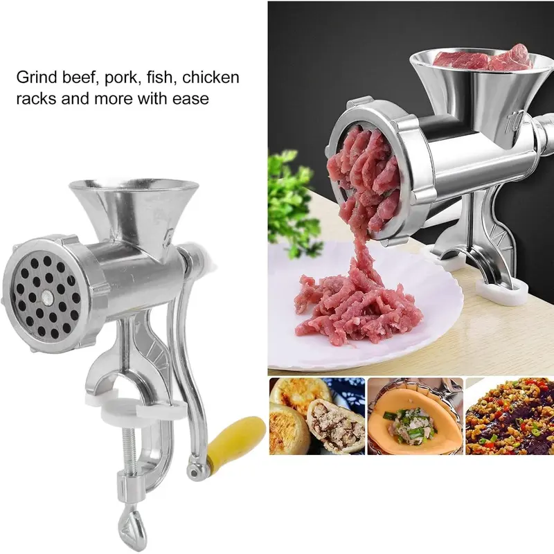 Small Meat Grinder Manual Meat Stuffer Sausage Maker Aluminum Alloy Composite Wood Incisive Blade Silver Meat Filling Kitchen Machine for Meat Sausage Cookies Easy to Clean 2