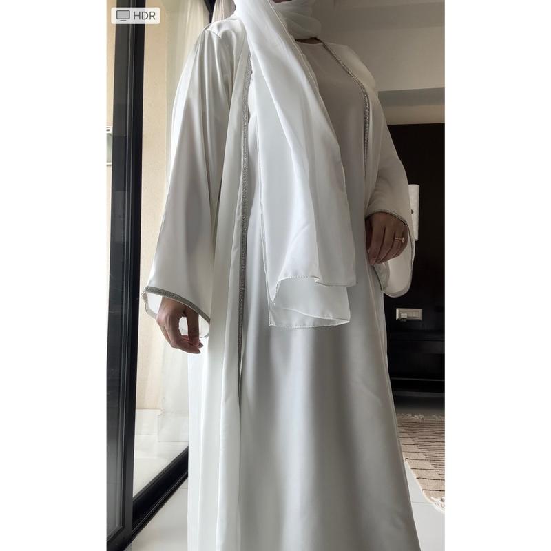 ELENA Abaya - White, 4pc Set with Silk Sleeve Open Jacket, Inner Short Sleeve Dress, Detachable Belt & Hijab 4