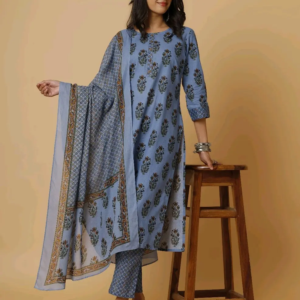 3 Peice digital print Cambric Cotton suit - Blue