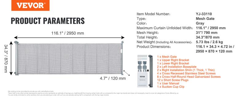 Product Introduction of VEVOR Retractable kid Gate, 34.2" Tall Mesh kid Gate, Extends up to 116.1" Wide Retractable Gate for Kids or Pets, Retractable Dog Gates for Indoor Stairs, Doorways, Hallways, Playrooms, Gray 11