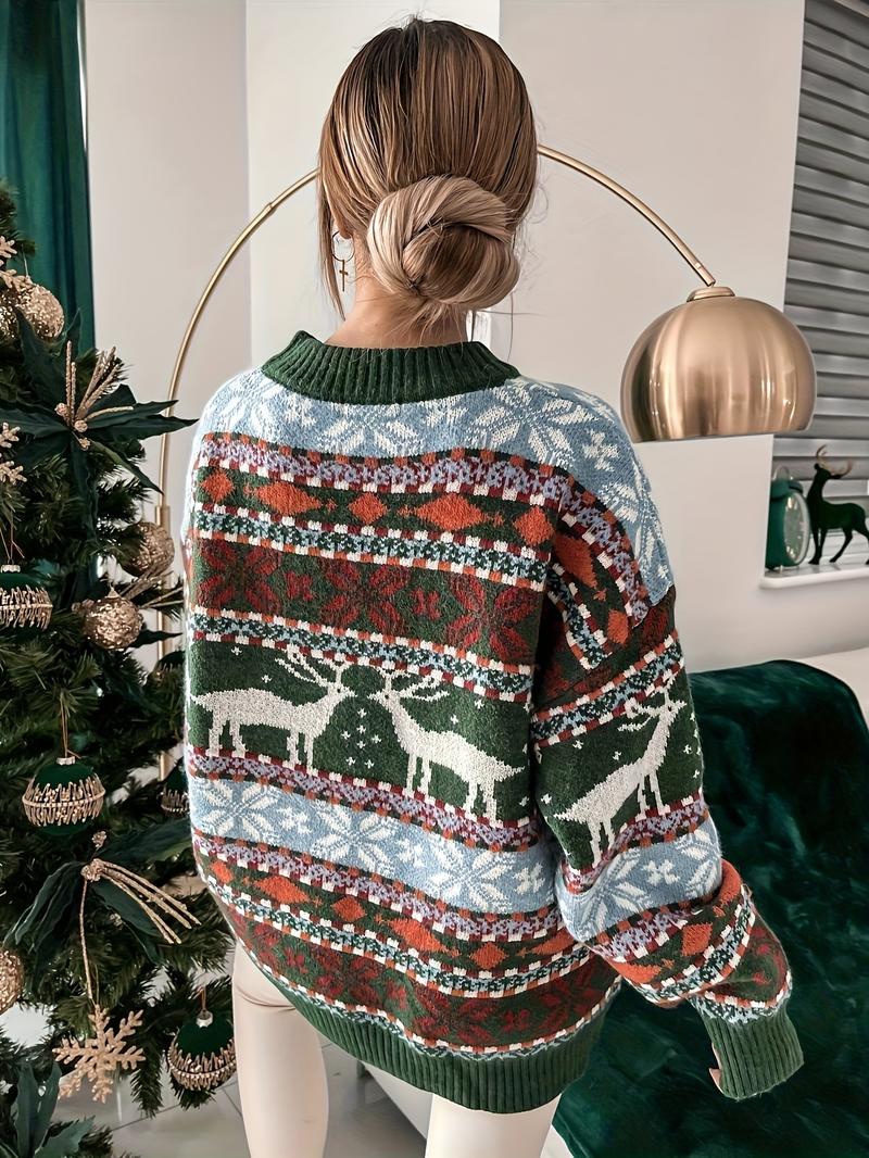 Product Introduction of Plus Size Christmas Deer Pattern Knitted Sweater, Casual Crew Neck Long Sleeve Pullover Sweater, Women's Plus Size Clothing 6