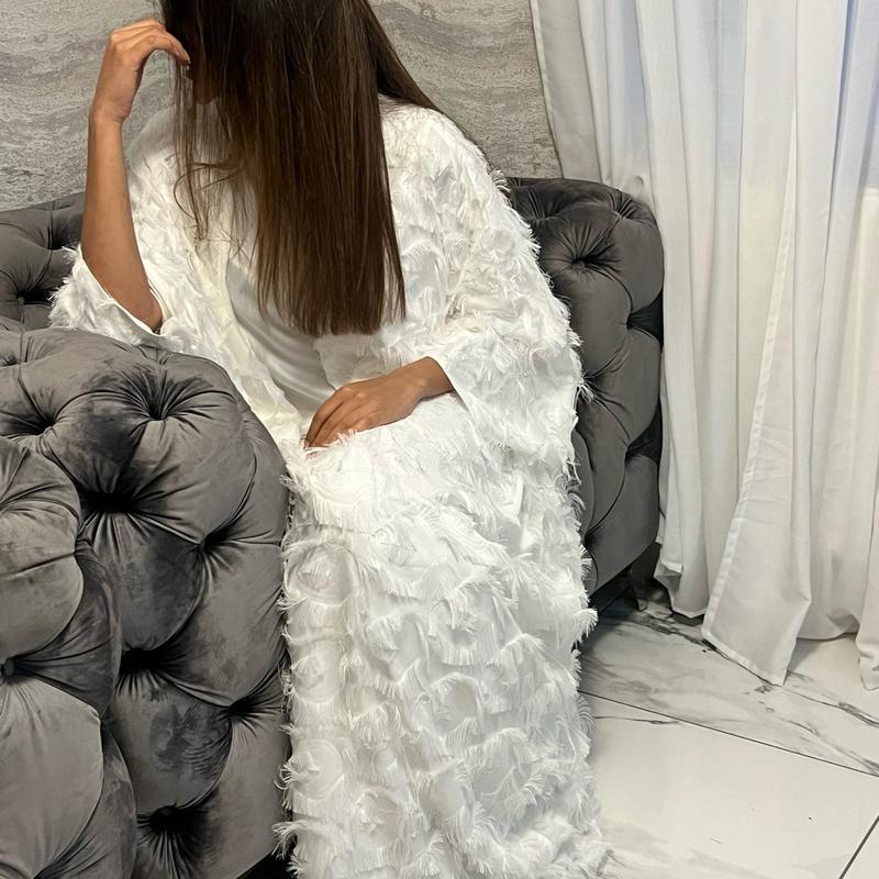 3 Peice Feather Ruffled Open Abaya in Elegant Design 4