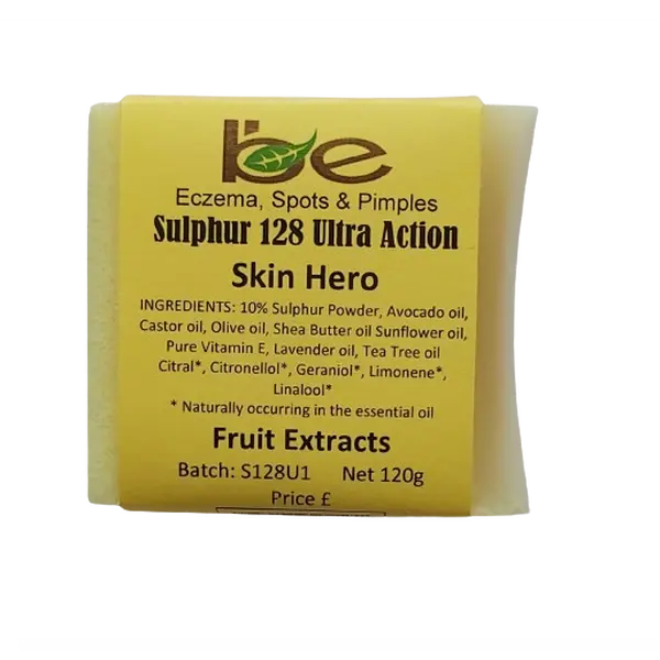 Sulphur 128 Ultra Action 120G, Sulphur Soap 10%, Lavender Oil, Tea Tree Oil, Acne, Eczema, Pimples, Ingrown, Dark Spots, Smooth Tones