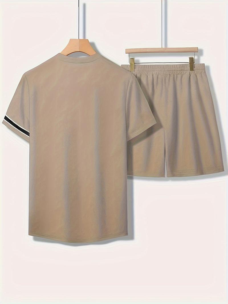 Product Introduction of Plus Size Men's Striped Casual Outfit Set - Comfortable Polyester T-Shirt & Shorts with Pockets, Round Neck, Elastic Waistband for Everyday Streetwear, Light Gray, PLUS SIZE 3