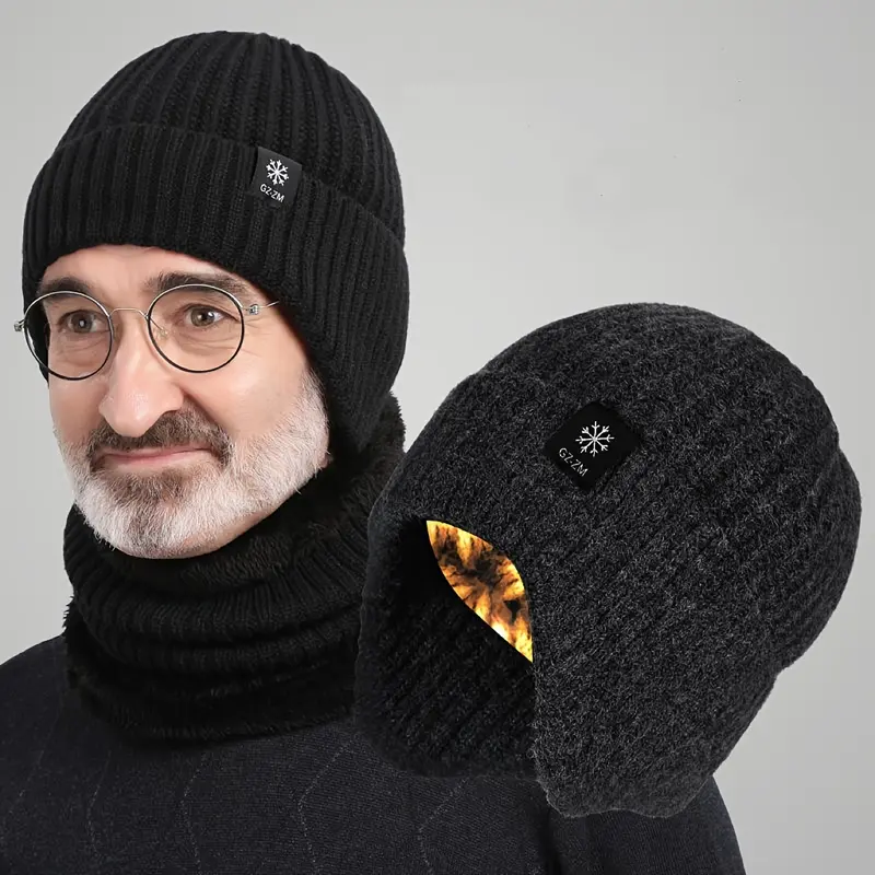Men's Winter Coldproof And Warm Hat, Ear Protection Thickened Knitted Beanie Hat & Scarf Set 2