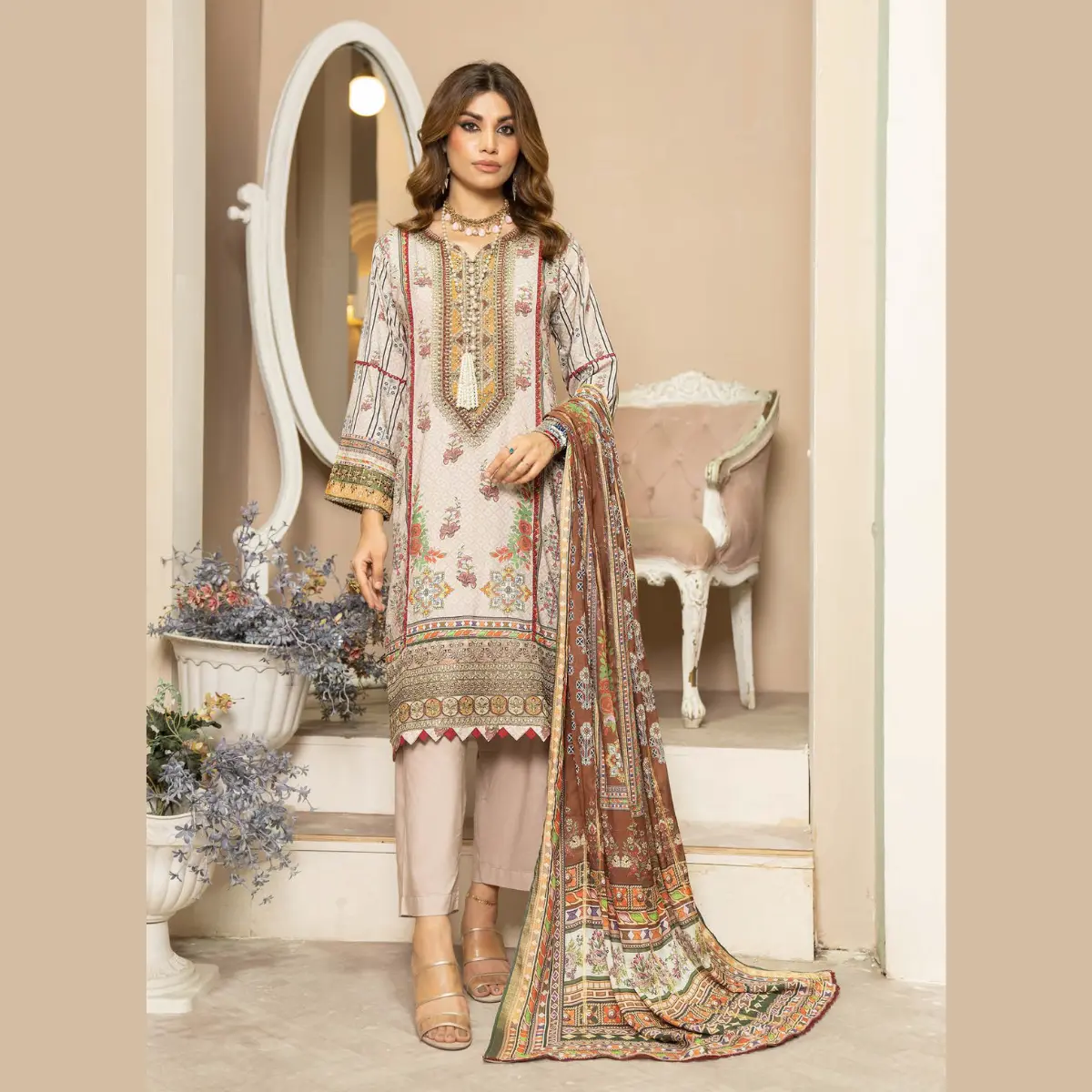 R-MSL-01 - Digital Printed Linen Gala Damn Sequences Embroidery Suit with Diamond Dupatta and Dyed Trouser
