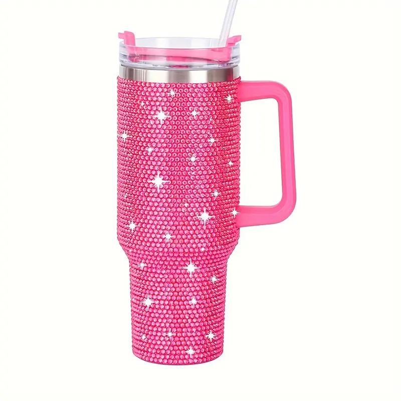 1pc 40 Oz Tumbler With Handle And Straw Lid, Studded Bling Diamond Tumbler, Stainless Steel Insulated Water Cup, Double Wall Travel Mug Fix For Car Cup Holder For Women 6