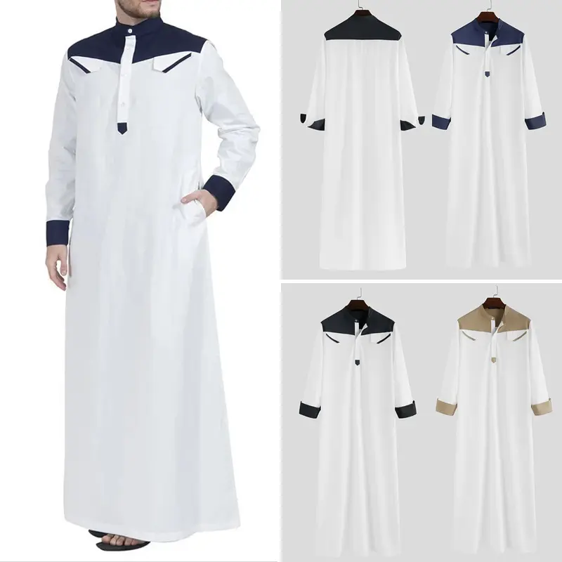2025 Muslim robe comfortable men's long sleeve contrast color Muslim clothing Chinese round neck Muslim robe
