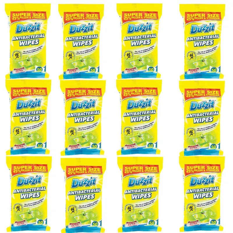 Experience the Ultimate Multi-Surface Cleanliness with 12 Packs of Duzzit Antibacterial Multi-Surface Wipes - 50 Wipes Each! Cleaning Kitchen 0