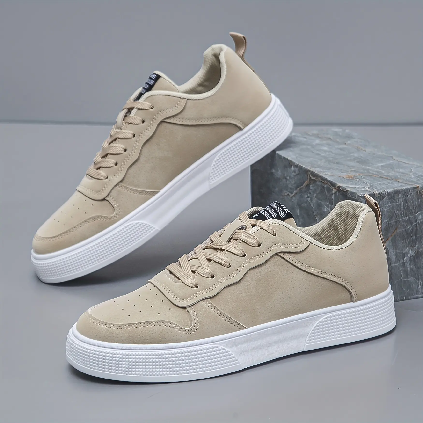 [Everyday Comfort] Men's Casual Lace-Up Sneakers - Olive Green Low-Top Skate Shoes with White Sole, Breathable Fabric Lining, and Durable PVC Outsole for All-Day Comfort