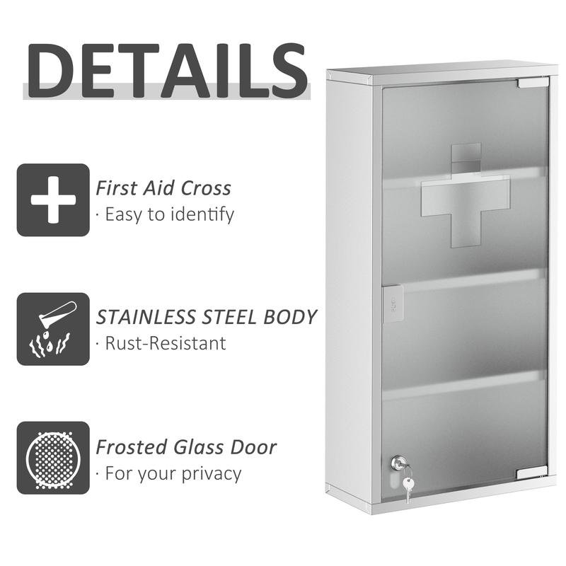 HOMCOM 4 Tier Stainless Steel Wall Mounted Medicine Cabinet Glass Lockable Door Storage Shelves Houseware Bathroom Furniture 60Hx30Wx12D(cm) w/2 Keys 5