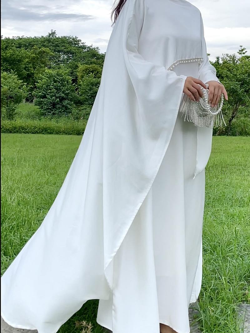 Product Introduction of 2025 Ramadan Promotion Two- piece Satin cape elegant dress , occasion abaya , Modest dress with pearl and crystal 32