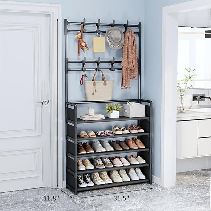 5 Tier Entryway Coat Rack, Coat and Shoe Rack, Coat Rack with Shoe Storage Coat Rack Freestanding with 8 Hooks for Bedroom, Hallway, Office（31.5" D x 11.8" W x 70" H，Black） Organiser Multicolor 0