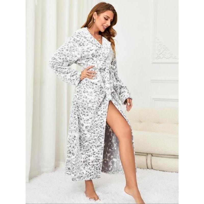 Women's Leopard Print Belted Hooded Flannel Lounge Robe, Casual Long Sleeve Pocket Design Bathrobe, Ladies Sleepwear for Fall & Winter 3