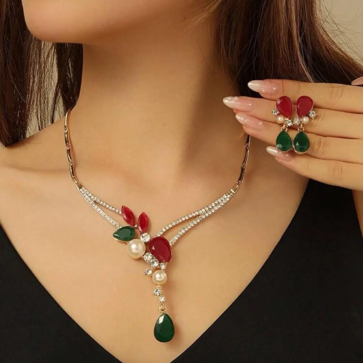 Bohemian Style Jewelry Set for Women- 3pcs Multicolor Waterdrop Earrings & Necklace Set