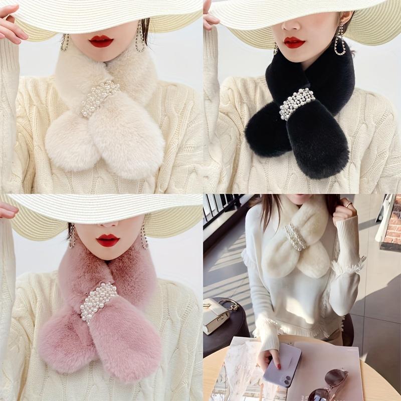 Autumn And Winter Warm Scarf Pearl Fur Neck Warm Plush Scarf Elegant Scarf Scarf Women Autumn And Winter Pearl Fur Plush Neck Imitation Rex Rabbit Fur Warm Thick Pearl Buckle Cross Versatile Christmas Valentine'S Day Holiday Gift 4