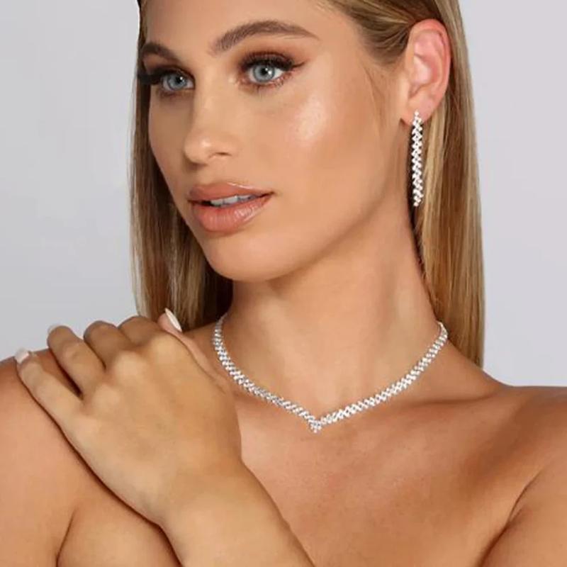 Charming Crystal Bridal Jewelry Set for Wedding V Shape Choker Necklace Earrings Sets Fashion Rhinestone Engagement Jewelry 1