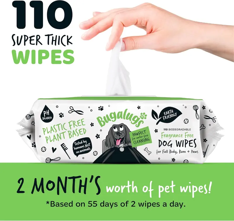 BUGALUGS Dog Wipes, 100% Plastic Free Biodegradable pet wipes for full body, eye wipes, ear wipes, bum & paws. 110 sensitive dog grooming wipes for dogs, puppy & cat grooming (Fragrance Free) 2