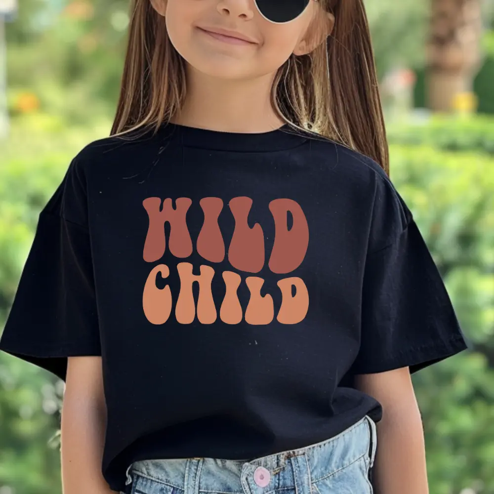 Wild Child slogan retro flower kids Tshirt cotton toddler girl boy  cute kids  tshirt