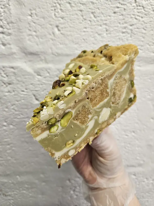 Pistachio White Chocolate Blondie Cookie Pie Slice 3