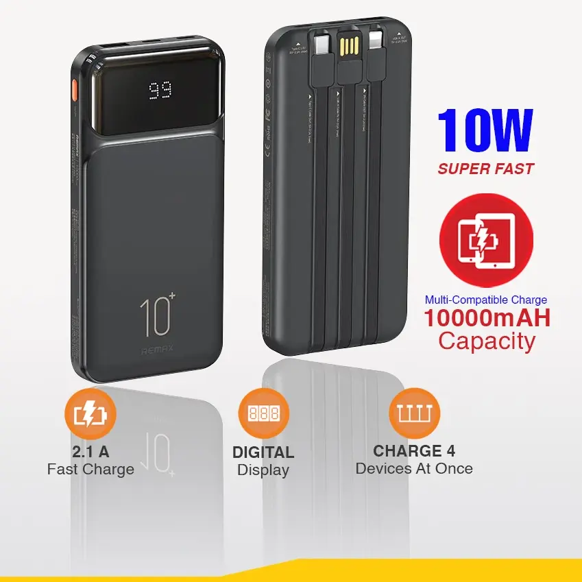 Remax Power Bank with Built in Cables * 3, 10000mAh USB C Battery Pack 4 Outputs 2 Inputs 5V 2.1A with LED Display Type C Powerbank Portable Charger Compatible with Tablets Smartphone Charging Digital Electronic Protection Chargeable