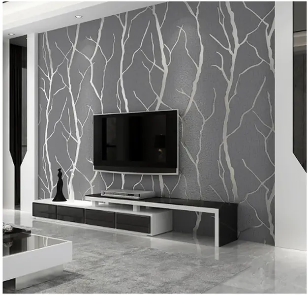 Non-Woven Silver Grey Wallpaper 3D Embossed Striped Feature Branch Glitter Wallpaper Flocking Textured Wallpaper Modern Minimalist for Bedroom Living Room TV Backdrop Hallway Hall Lounge