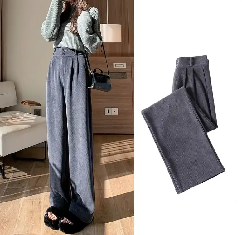 Ins Trendy Women Korean High Street Wide Leg Trouser Autumn/winter Thick Warm Corduroy Loose Button Pant - Womenswear, Bottom