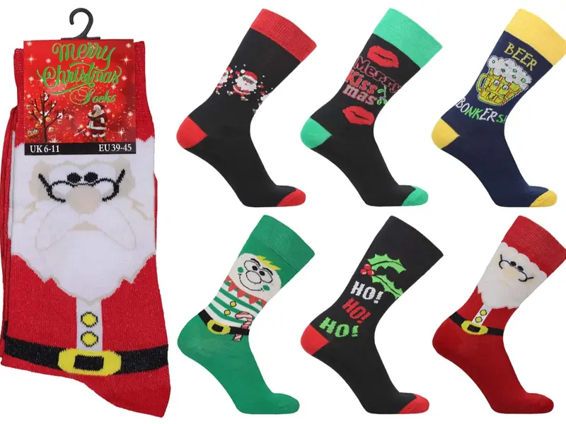 Mens Festive Christmas Socks - 6 Pairs of Novelty Xmas Socks - Ideal Stocking Filler - Santa, Menswear 0