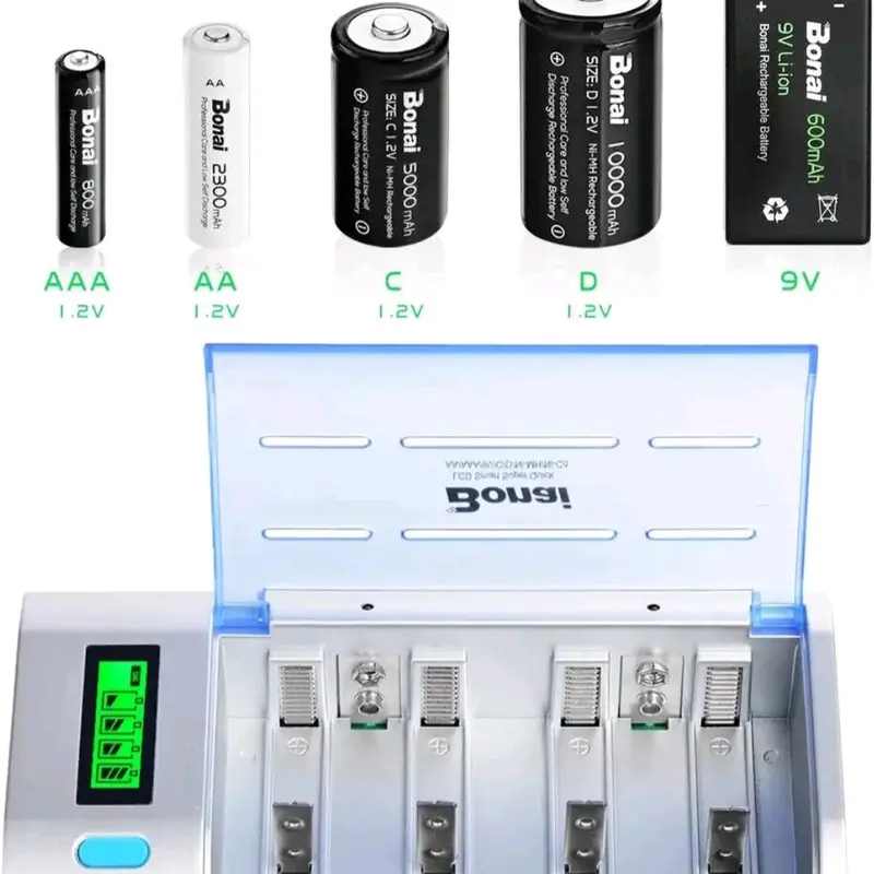 BONAI LCD Rechargeable Battery Charger For C, D, AA, AAA Battery (Ni-Mh or Ni-Cd) and 9V Battery (Ni-Mh or Li-ion) - LCD Universal Battery Charger With Discharge Function Batteries Charging Phone Smartphone Metal 2