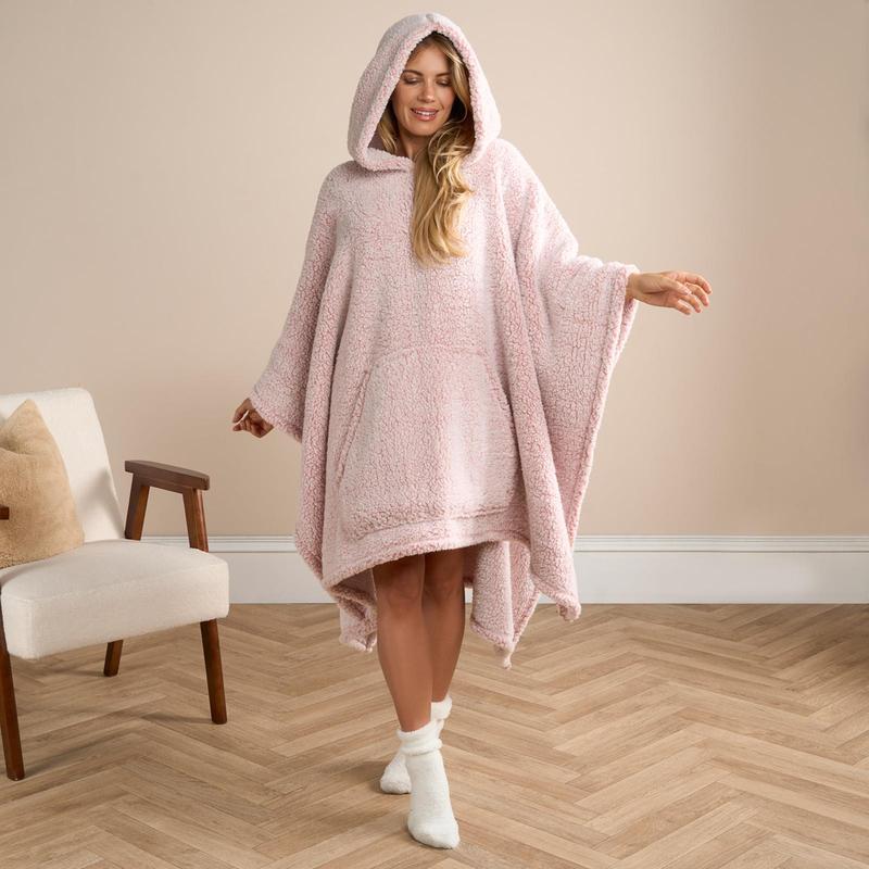 OHS Womens Oversized Teddy Marl Fleece Hoodie Poncho Blanket 5