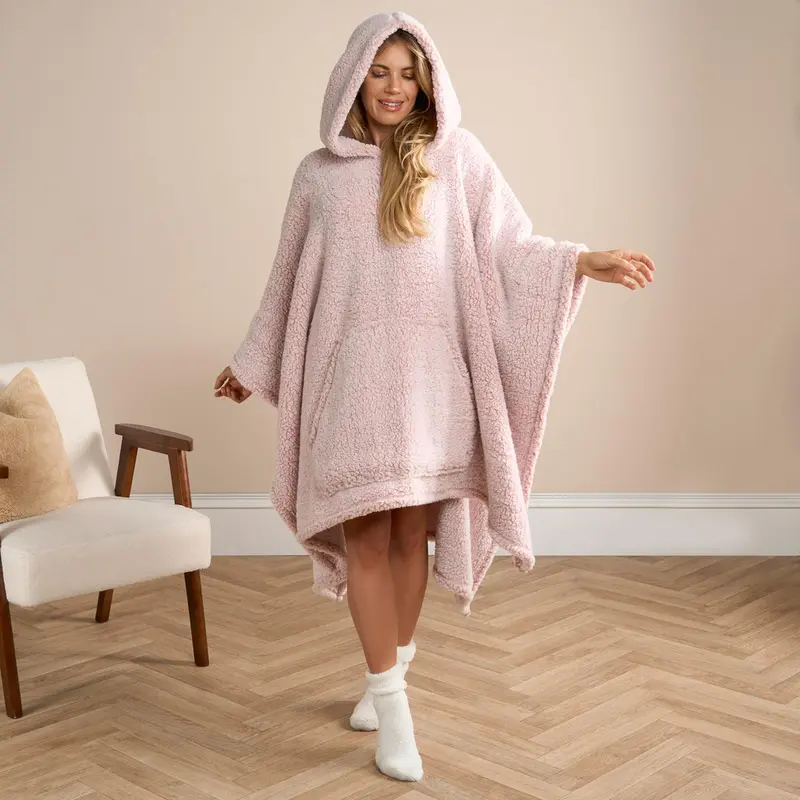 OHS Womens Oversized Teddy Marl Fleece Hoodie Poncho Blanket 5
