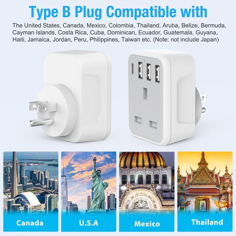 UK to US Plug Travel Adapter, USA Travel Adapter with 4 USB Ports (1 USB C Fast Charger) American to UK Plug Adapter for US Canada Mexico Thailand and More(Type B) Charging Devices Smartphone Cellphone Mobile charger Electronic 6
