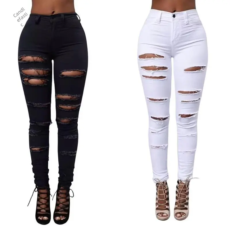 2025 Women's Stretch Skinny Ripped Hole Washed Denim Jeans Female High Waist Pencil Y2k Pants Jeans Ladies Casual Trousers Pants Comfort Womenswear Bottom Stretchy