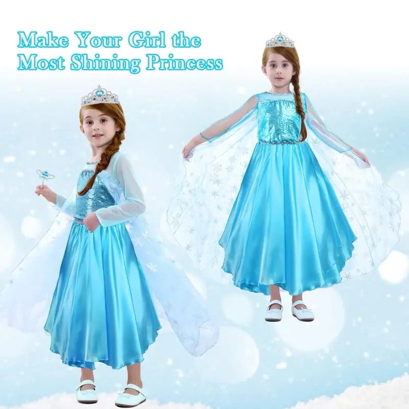 Elsa Costume Princess Dress, Elsa Dress with Wand and Crown Tiara Size 4-5years 1