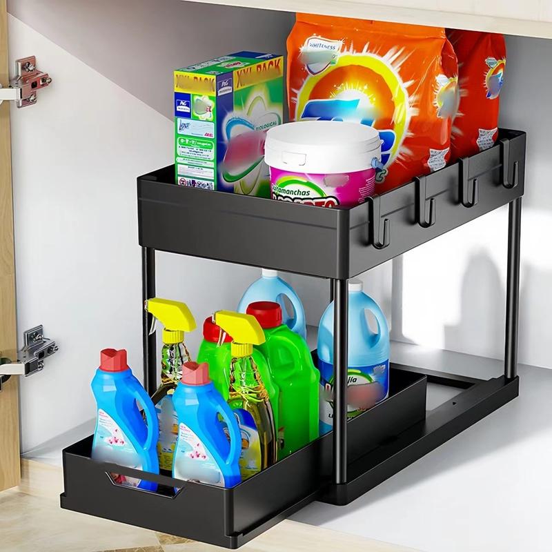 Cabinet, 2 Pack Under Sink Organizer, 2 Tier Sliding Bathroom Kitchen Organizer, Large White ABS Baskets, Easy Install & Clean 2