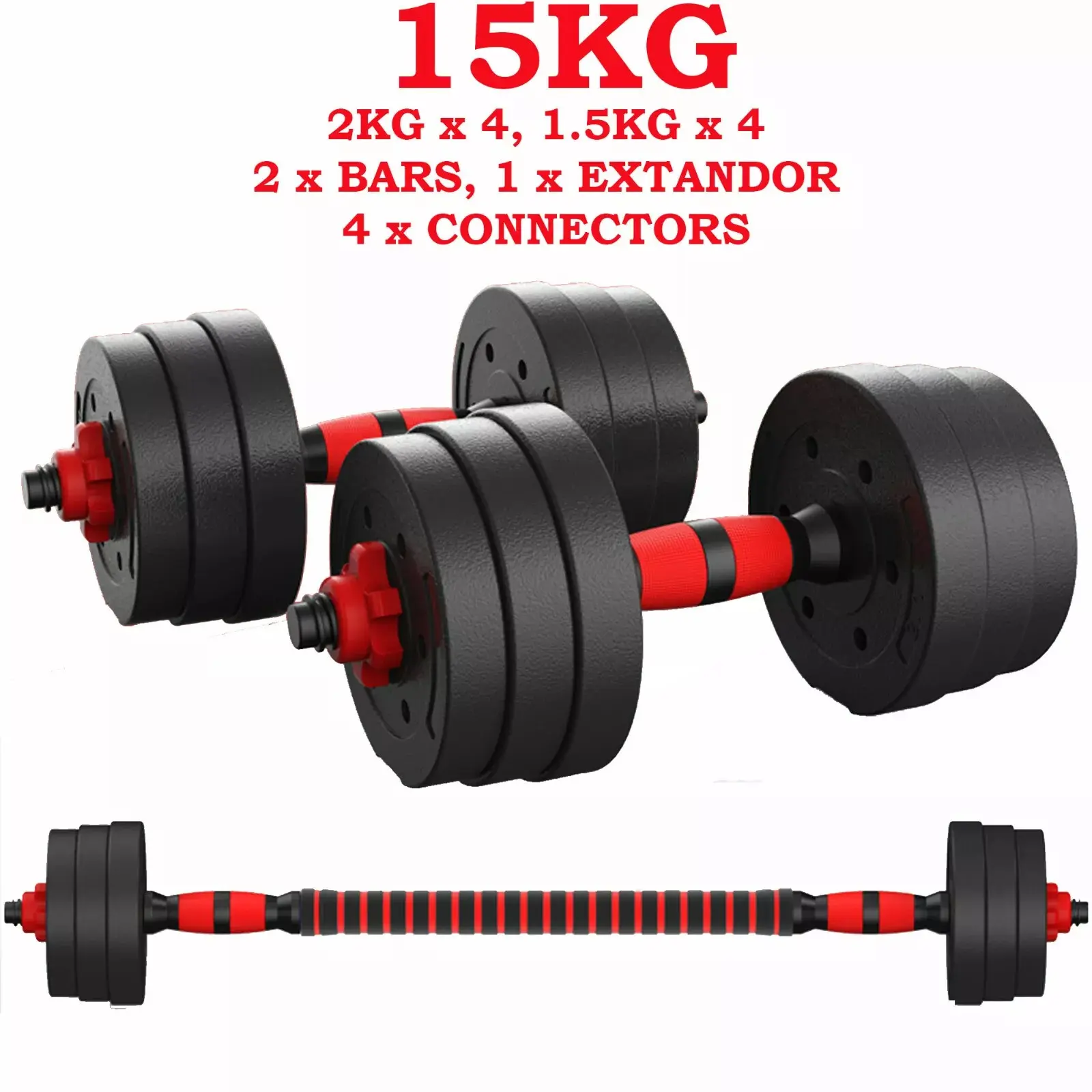 FITNESS 15KG DUMBELLS PAIR OF WEIGHTS BARBELL/DUMBBELL BODY BUILDING SET