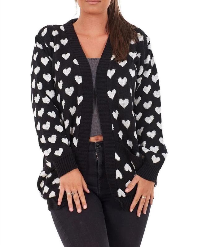 Cosy Printed Heart Open Front Pockets Long Sleeve Cardigan 3