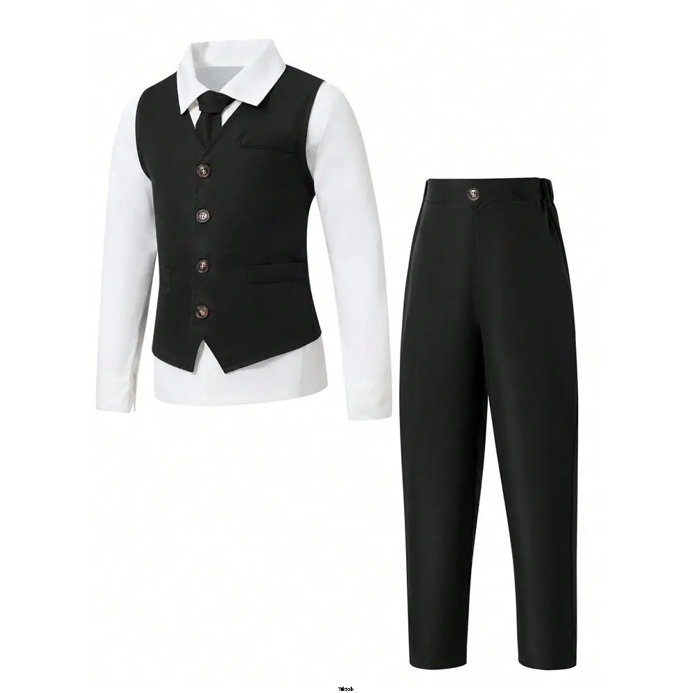 , Graduation Party Formal Accessories No, Trousers: Set Boy Tween Tiktok Gentlemans 2pcs Front Button Vest + Shirt No, Birthday, Wedding, Christmas, Halloween