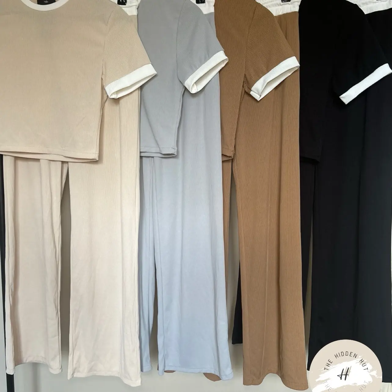 Ribbed contrast co-ord with flared pants and crop top plain trend