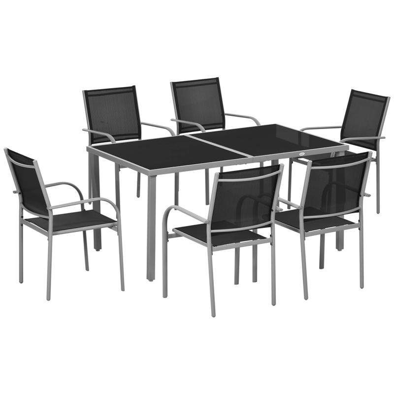 Outsunny 7 Piece Outdoor Garden Dining Set with Table and 6 Stackable Chairs, Steel Frame, Tempered Glass Top, Mesh Seats, Black 0
